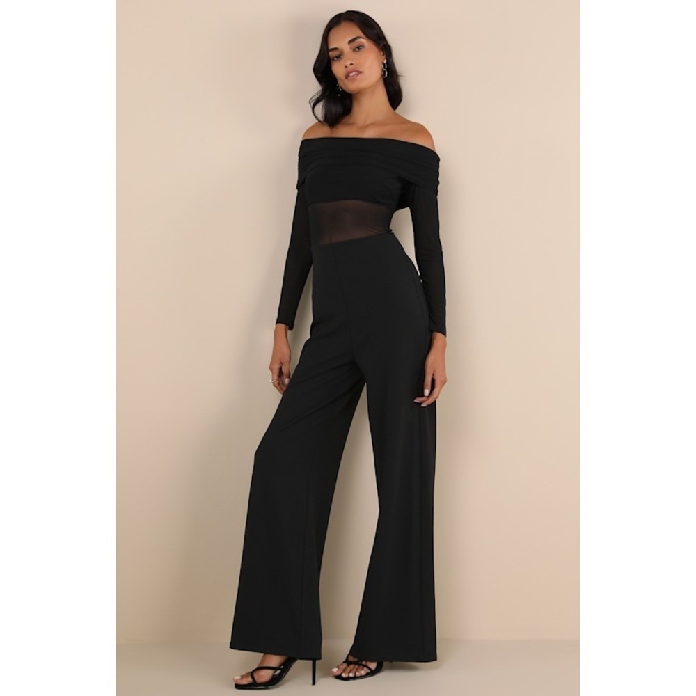 Lulus Sultry Statement Black Mesh Ruched Off-the-shoulder Jumpsuit - Size M